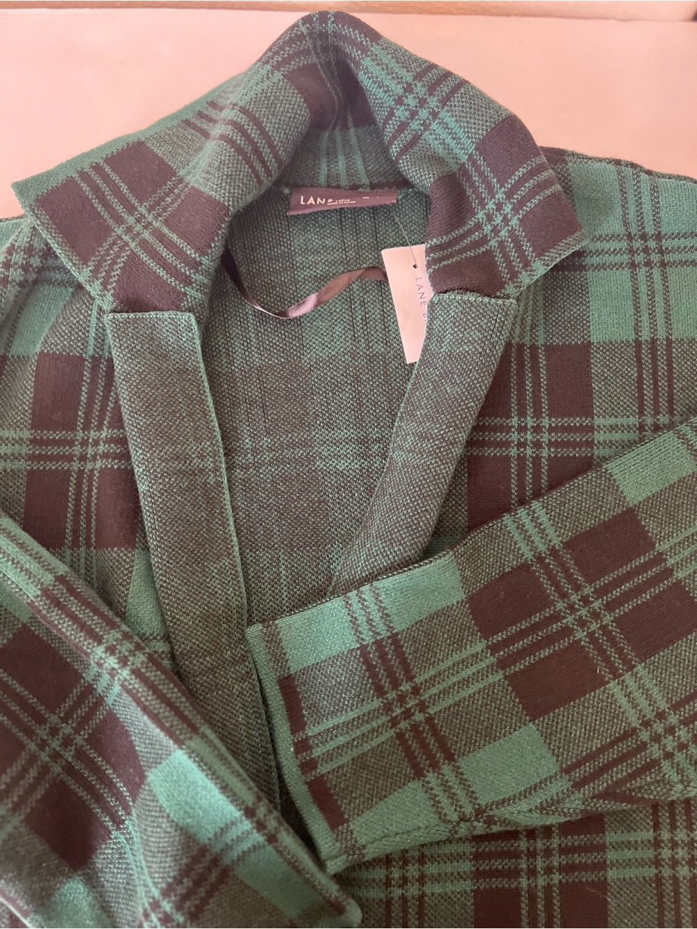 Lane Bryant Green and Back Plaid Pea Coat with Wide Lapel Collar